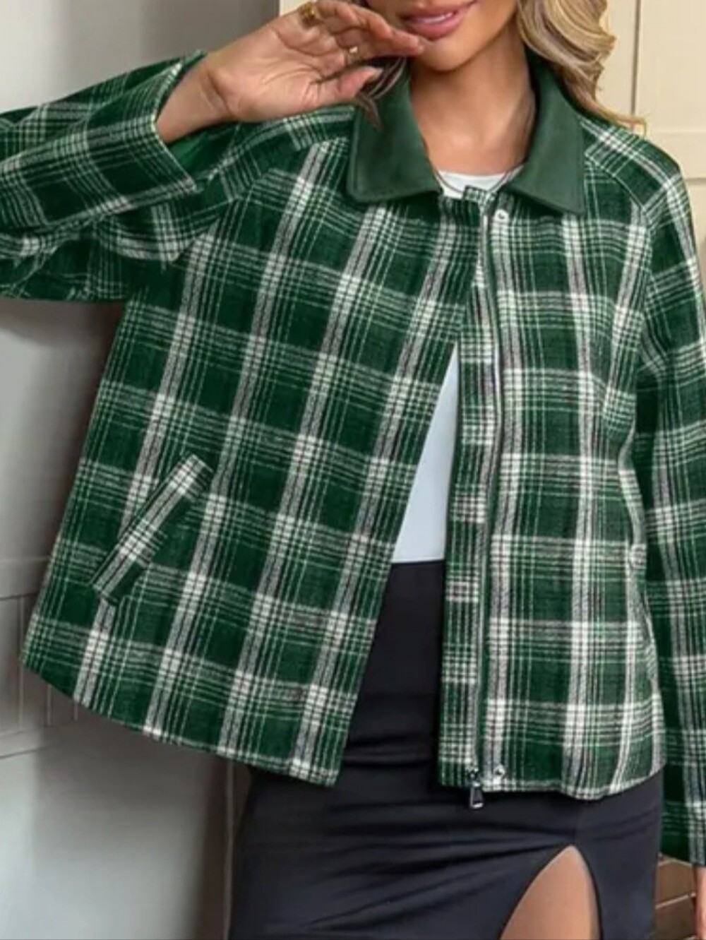 NWOT Green Plaid Bomber With Faux Suede Collar Jacket